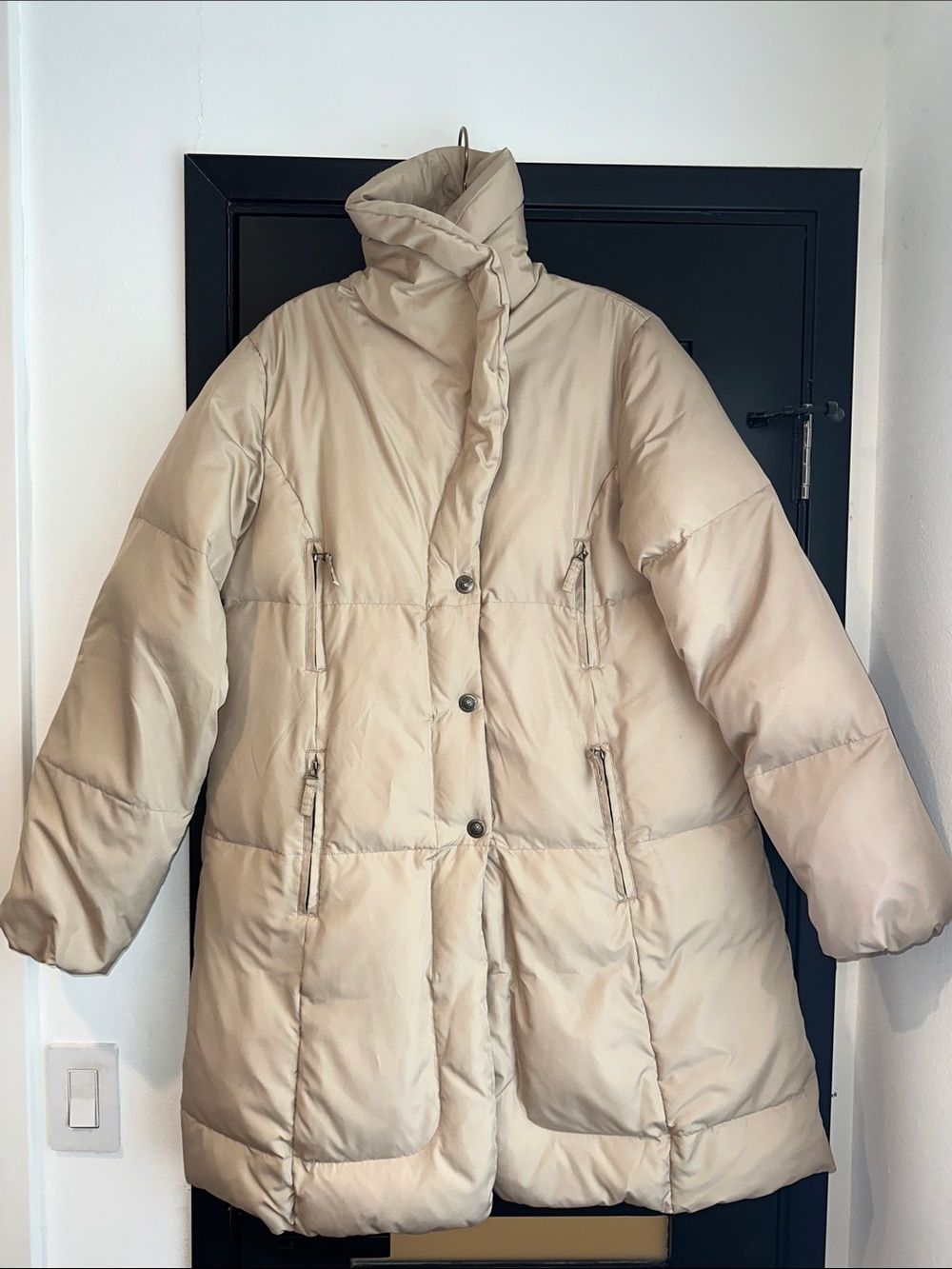 Max Studio Beige Long Puffer Coat with High Collar